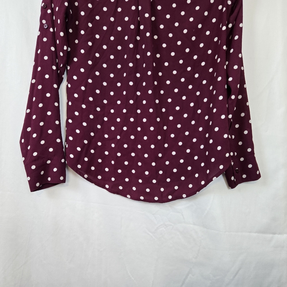 Express Womens Slim Fit Portofino Burgundy Polka Dot Long Sleeve Chiffon‎ Top XS - Picture 7 of 10